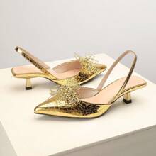 OMS Pointed-Toe Stiletto Heels For Women, 2025 Spring/Summer New French Style Open-Toe Breathable Backless Mid-Heel Dress Shoes, Elastic Band, Gold, Lightweight And Breathable For All Seasons
