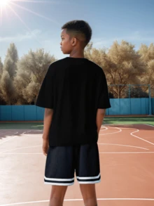 2 pièces Ensemble short et t-shirt à manches courtes avec imprimé de basketball pour garçons adolescents
