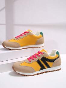 女士天鹅绒面板系带前厚运动鞋，秋季新款轻便厚底运动鞋，户外运动风格学生鞋 - 彩色 - 查看 6