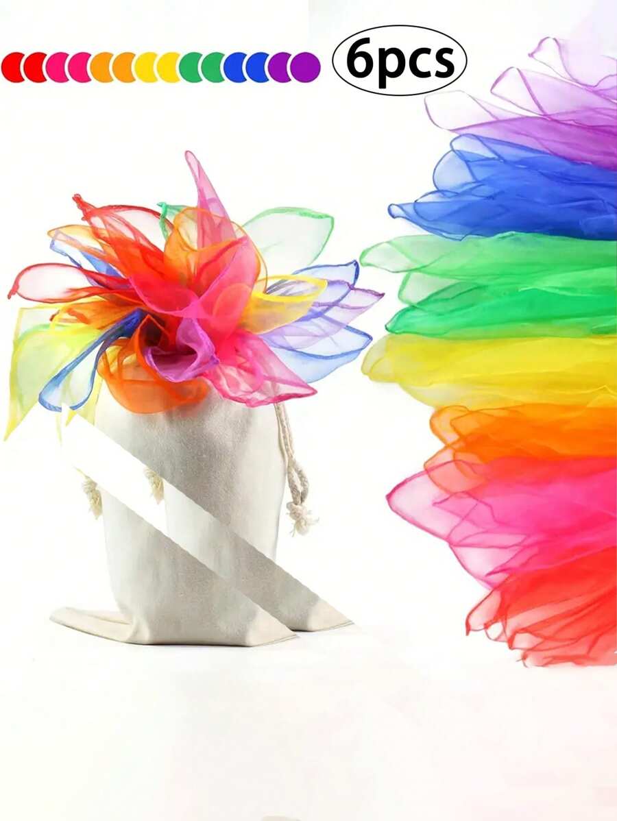 6pcs Vibrant Candy Color Square Scarves For Women,Fabric Sensory Dancing Scarves Set, Perfect For Casual Outings, Dance Performances, And Stylish Accessories, Hair Scarf - Multicolor - View 1