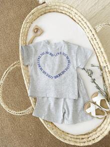 2 stuks/set babymeisjes schattige hartprint korte mouwen T-shirt en shorts set, zomer