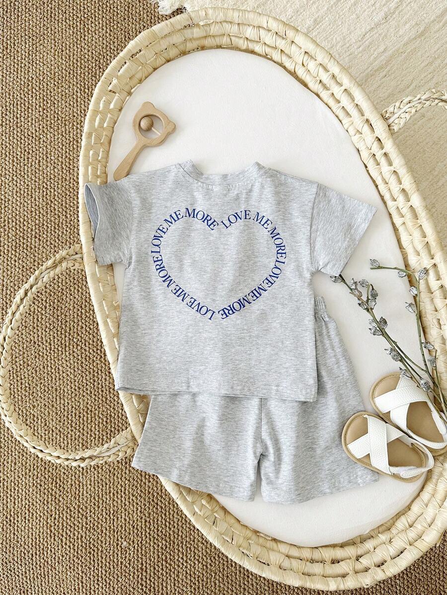 2 stuks/set babymeisjes schattige hartprint korte mouwen T-shirt en shorts set, zomer