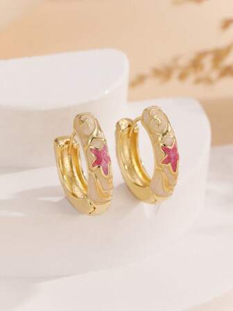 1 Pair Fashion New Style Gold Plated Copper Material Flower Pattern Enamel Cloisonne Hoop Earrings Jewelry For Women Girls