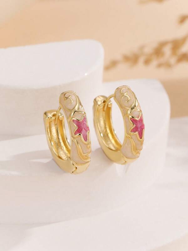 1 Pair Fashion New Style Gold Plated Copper Material Flower Pattern Enamel Cloisonne Hoop Earrings Jewelry For Women Girls