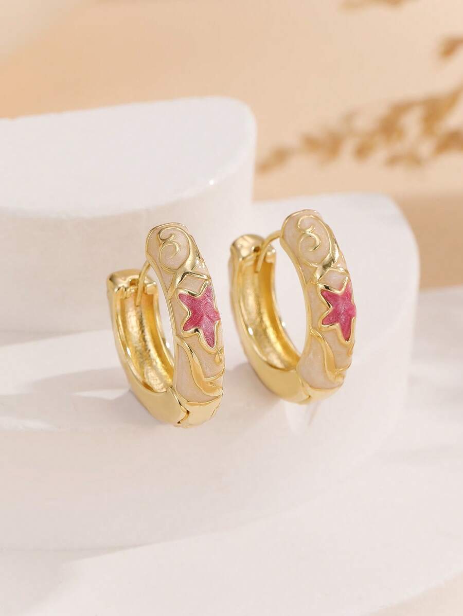 1 Đôi bông tai vòng kiểu dáng mới, mạ vàng đồng, họa tiết hoa và men, thích hợp cho phụ nữ và bé gái. - Hồng - Xem 1