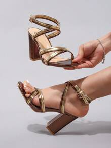女士亮面 PU 交叉带高跟凉鞋，圆头休闲优雅性感派对舞蹈粗跟凉鞋，2025 年夏季新款 - 銅色 - 查看 1