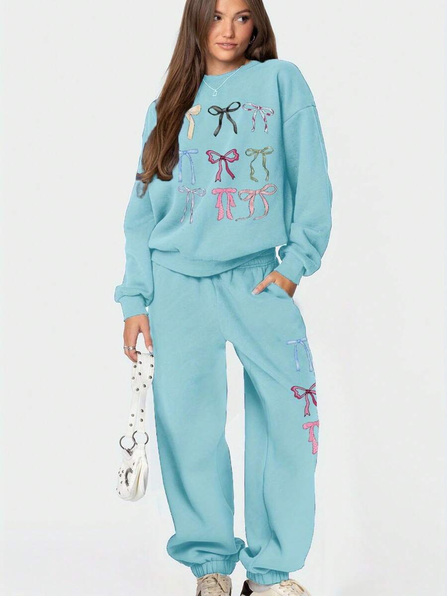 Women Y2K Sweatshirt Set Bow Print Long Sleeve Pullover Long Sweatpants With Pockets 2 Piece Outfit - Sky Blue - View 1