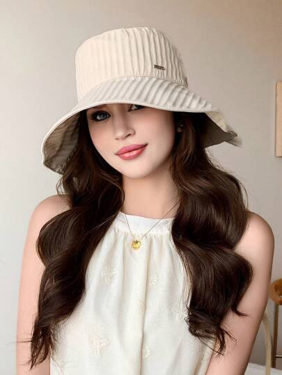 1pc Women's Solid Color Summer New Metal Decor Extra Wide Brim Sun Hat, Versatile Casual Chic Korean Style Elegant Sexy Face Slimming High Quality Breathable Bucket Hat, Suitable For Outdoor, Beach, Cafe, Party, Park, Camping, Travel, Date, Photo Shooting