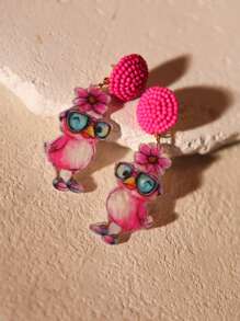 Pink Snail Funny Cute Statement Handmade Seed Bead Glasses Chicken Stud Earrings, Cartoon Kawaii Acrylic Resin Drop Dangle Earrings, Fashion Jewelry Gift For Women, Girls, Animal Lovers, Suitable For Summer, Winter, Vacation, Holiday, Beach Party - Chicken With Glasses - View 2