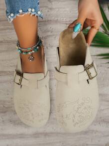 Lightweight Comfortable Non-Slip Casual Slip-On Sandals With Elegant Printed Upper Design, Suitable For Outdoor All Seasons, Round Toe Flat Slippers For Women