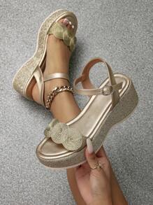 Women's Round Toe Platform Thick Bottom Sandals, Woven Embroidery Wedge Sole Shoes, Roman Sandals, Refreshing Vacation Beach Shoes