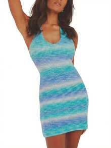Womens Sexy Halter Knitted Skinny Dress Fashion Gradient Color Backless Short Dress - Azul - Ver 8