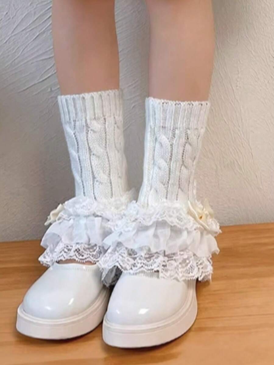 1 Pair Children's Lolita Style Lace Trim Bow Decor Braided Leg Warmers