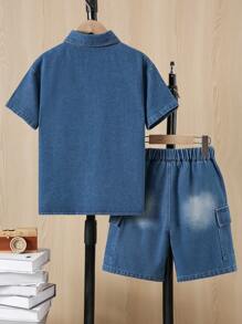 青少年男孩时尚衬衫领印花口袋撞色短袖牛仔衬衫 + 撞色牛仔短裤 2 件套，春夏