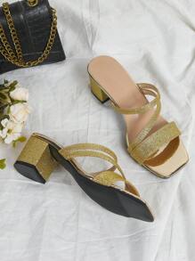 女士时尚闪光装饰带高跟凉鞋，闪亮粗跟鞋，适合派对礼服和舞蹈，夏季 - 金色 - 查看 3
