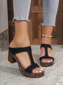 Giày sandal cao gót đế dày kiểu hoa hồng mùa hè 2026 dành cho nữ, màu đen, kiểu dáng Mỹ thanh lịch cho kỳ nghỉ. - màu đen - Xem 4