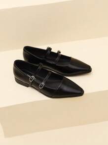 Xin Jing Shoes 秋冬女士平底乐福鞋，搭扣设计休闲套脚鞋，适合工作和休闲场合，玛丽珍鞋 - 黑色 - 查看 4