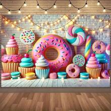 Fondo temático de dulces vibrantes con rosquilla gigante y cápsulas de magdalenas coloridas - Decoración de pared de poliéster para sala de estar, dormitorio, oficina, hogar | Excelente para fiesta, decoración al aire libre y festiva - Multicolor (multicolor) - Ver 6