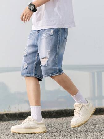 Fashionable Straight Leg Mid-Calf Denim Shorts For Teen Boys