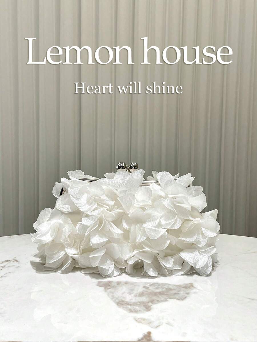 1 件白色女士优雅花卉花瓣形晚宴手拿包、婚礼新娘派对礼服手提包、白色浪漫花朵包、复古扣钱包