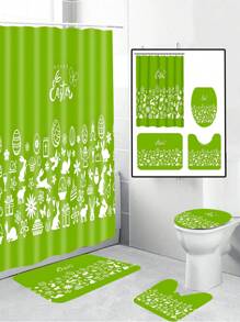 1/4pcs Colorful Rabbit, Egg, Happy Letter, Floral Print On Green Background, Easter Elements Waterproof Shower Curtain Set With 12 Hooks, Waterproof Polyester Fabric, Machine Washable, Rustproof Grommets Top, Unlined Woven Shower Curtain, Suitable For Bathroom Decor, Home Decor Bathroom Accessories