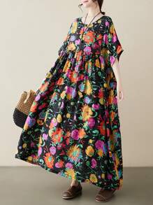 Tops Chinese Spring Festival, 2026 Boho Style Plus Size Casual Holiday Beach Dress, Summer Fake Japanese Yen Collar Shoulder Sleeved Loose Skirt Short Sleeved Dress, - Black - View 9