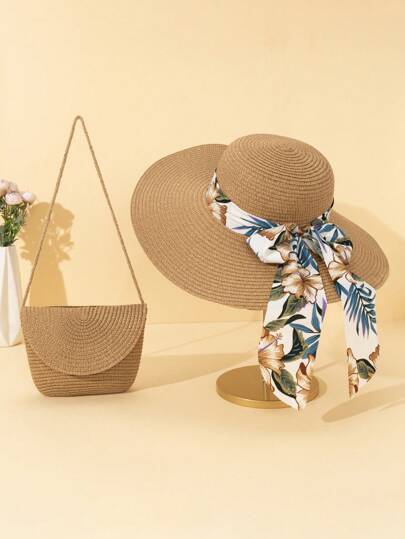 Set de 2 piezas: Sombrero de sol de ala ancha con lazo floral y bolso de paja cruzado en color caqui, adecuado para vacaciones