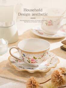 1pc French-Style Coffee Cup And Saucer Set, Ceramic Cup With Gold Trim, Vintage Ditsy Floral Pattern, Ideal For Afternoon Tea, Mug, Gift Back To School