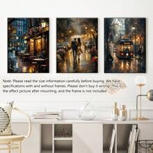 3pcs/Set Unframe Cafe After The Rain, A Couple Walking In The Rain, Old Tram On The Streets Of London At Night Black And White Canvas Print Artwork, Can Be Decorated In The Living Room, Bedroom, Office, Posters, Wall Art, Room Decoration Stuff,Modern, Travel,Botanical Gifts Birthday Graduation