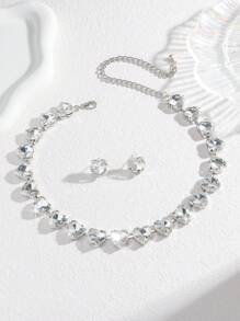 2 件/套精致华丽的爱心水钻项链、耳环和首饰套装 - 适合女性日常穿着、婚礼、派对等。