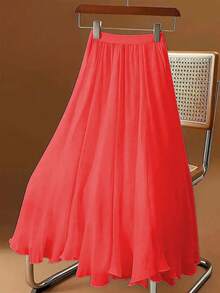 Váy voan chữ A midi cạp chun màu trơn cho nữ có lớp lót, dáng ôm thanh lịch, phù hợp mặc thường ngày mùa xuân/hè, đi làm, đi nghỉ - Đỏ - Xem 3