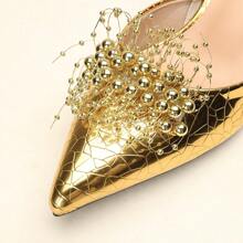 OMS Pointed-Toe Stiletto Heels For Women, 2025 Spring/Summer New French Style Open-Toe Breathable Backless Mid-Heel Dress Shoes, Elastic Band, Gold, Lightweight And Breathable For All Seasons