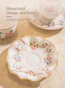 1pc French-Style Coffee Cup And Saucer Set, Ceramic Cup With Gold Trim, Vintage Ditsy Floral Pattern, Ideal For Afternoon Tea, Mug, Gift Back To School
