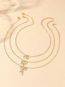 3 件/套优雅时尚的方晶锆石镶嵌心形、数字 8、蝴蝶结装饰金链不锈钢项链，奢华珠宝礼物，适合女性，母亲节礼物 - 金黃色 - 查看 5