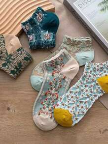 5 pares/paquete de calcetines finos, transpirables y con diseño retro de malla hueca, apropiados para uso casual, sencillo y versátil para estudiantes, para primavera y verano