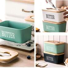 1 件，多功能黄油盒，陶瓷黄油盒，带竹盖，密封黄油盒，厨房整理表面和冰箱储存密封罐，密封黄油储存盒，家庭烘焙工具