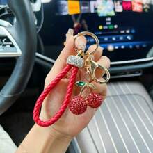 Cherry-Shape Keychain With Zirconia Accent, Alloy Fruit Keyring Decor For Car & Bag Accessories, Unique Women Keychain