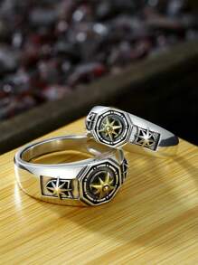 Adjustable Vintage Compass Ring, Open Star Design, Punk Jewelry Gift, Men's Fashion Accessories, Alloy, No Plated Precious Metal, No Inlay, Single Band Style - Compass Open Ring - View 8