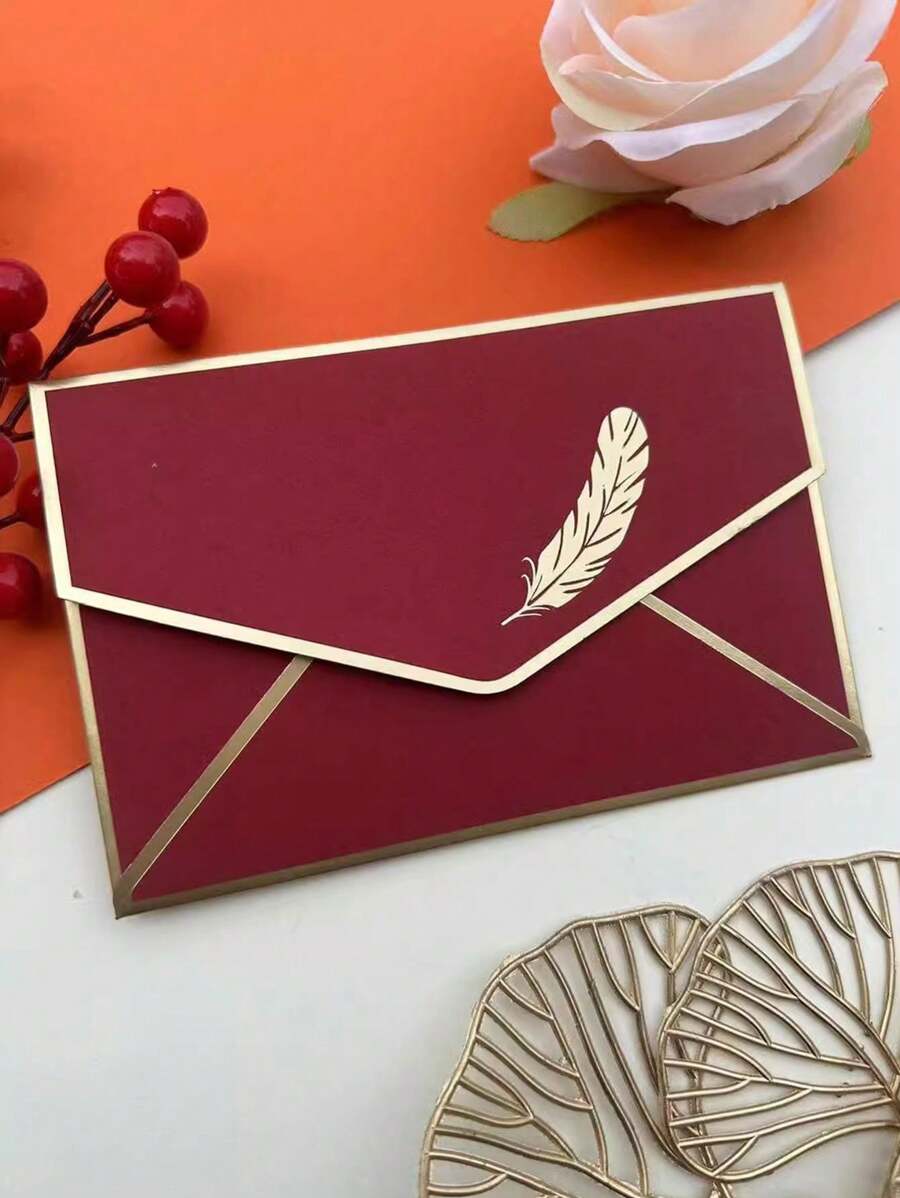 Gold Foil Greeting Cards Envelopes, Featuring Gold-Trimmed Design, Suitable For Weddings, Wedding Decorations, Graduations, Birthdays, Birthday Cards, Parties, Valentine's Day, Invitations - Dark Red - View 1