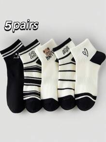 1/5 Pairs Women Ankle Socks, Low-Cut Short Socks, White/Black Socks, Cute Socks For Girls, Double-Line Anti-Slip Design, Soft Absorbent Breathable, Suitable For Daily Wear, Home, Office, Minimalist Style, Fits All Seasons And Occasions, Invisible Socks, Random Color - Multicolor - View 13