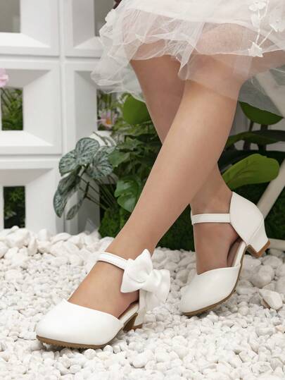 Zapatos de vestir de tacón alto para niñas, nuevos para primavera/verano. Sandalias con tacón grueso y diseño calado para niños. Zapatos de princesa con moño para niños