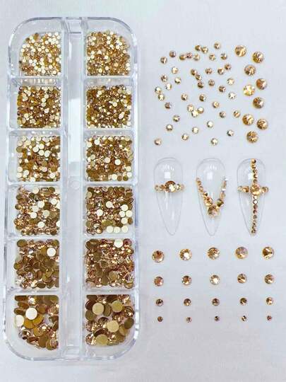 KIRAME 12 Grids/Box Champagne Flat Bottom Rhinestone Nail Art Decoration Kit DIY Nail Charms Nail Gems,Nails Salon,Nail Supplies,Halloween,Christmas,Festival Gift