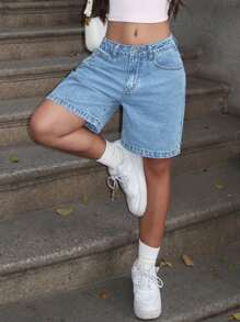 女士纯色百慕大牛仔短裤，简约时尚，适合夏季 - 淺色水洗藍 - 查看 5