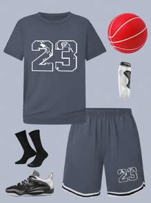 Set de 2 piezas de ropa deportiva para niños, camiseta informal con estampado de letras de baloncesto y conjunto de shorts, para niños mayores