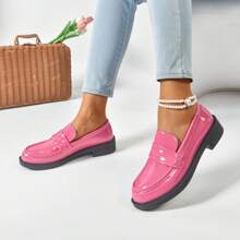 Women's Loafers, Casual Loafers, Versatile Loafers, Non-Slip Loafers, Glossy Leather Loafers, Classic Style, Versatile, Suitable For All Seasons - Pink - View 5