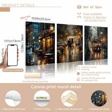 3pcs/Set Unframe Cafe After The Rain, A Couple Walking In The Rain, Old Tram On The Streets Of London At Night Black And White Canvas Print Artwork, Can Be Decorated In The Living Room, Bedroom, Office, Posters, Wall Art, Room Decoration Stuff,Modern, Travel,Botanical Gifts Birthday Graduation