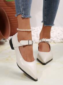 Women's Summer/Spring Pointed Toe Fashion Leather Slip-On Loafers, Buckle Decor Comfortable Low Heel Flats, Vintage Chunky Heel Mary Janes - Beige - View 7