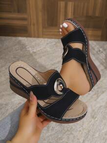Women's Metal Buckle Slides, Summer Lightweight Fashionable Casual Platform Wedge Sandals