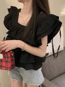 Blus Tanpa Lengan Kerah Ruffle Berlapis-lapis Warna Polos untuk Wanita, Warna Hitam, Cocok untuk Musim Panas - Hitam - View 4