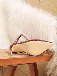 时尚性感尖头细高跟休闲百搭裸色踝带酒红色女士高跟鞋